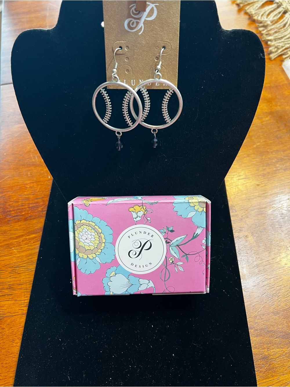 Plunder Silver Baseball Stitch Hoop Earrings with Pink Floral Box